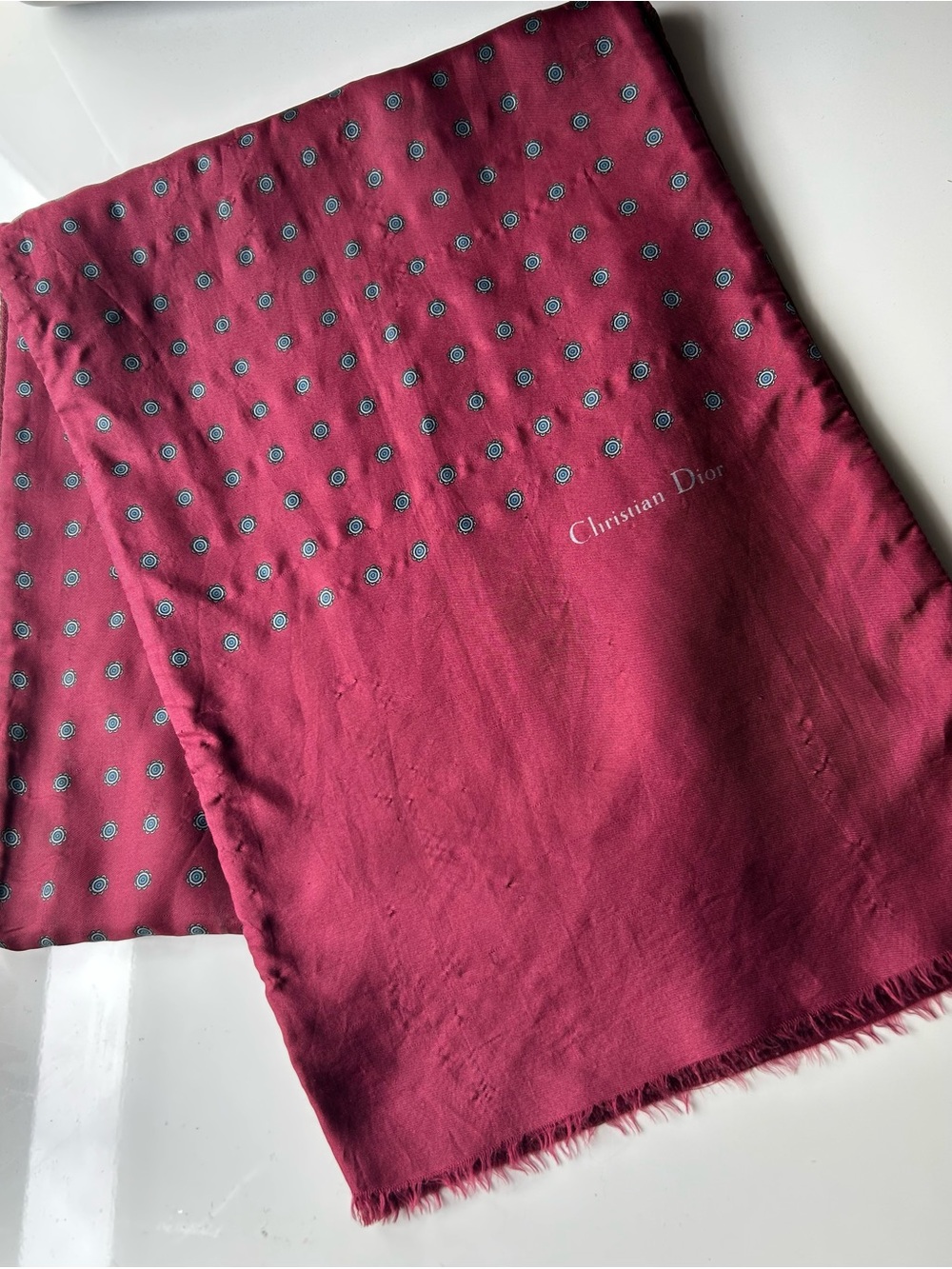 Dior burgundy scarf with blue dot pattern